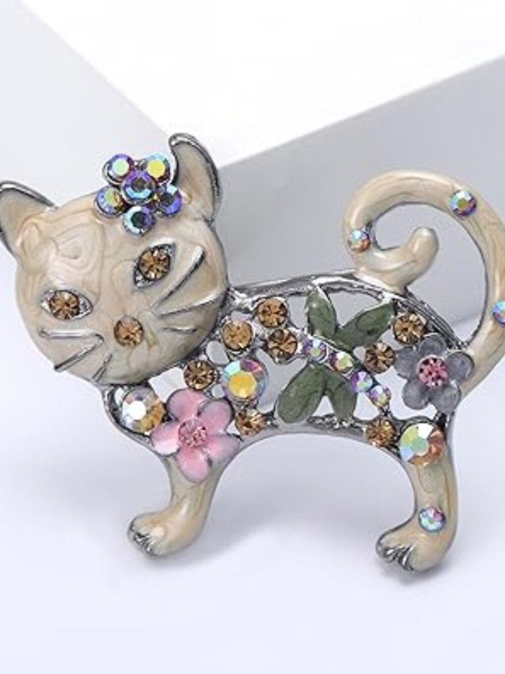 Cloisonne Style Enamel Cat‎ Brooch Pin Flowers Rhinestones